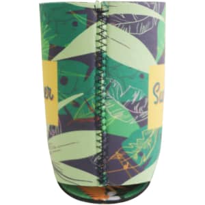 A reversible foldable stubby holder in green with a leaf pattern and yellow accents, featuring a logo.