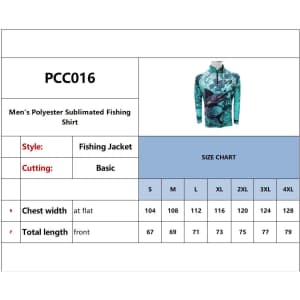 A sublimated fishing pullover in shades of blue and green, featuring a logo and a 1/4 zip design.