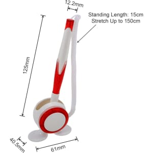 A red and white fixed signature pen with a retractable cord, featuring a round base and dimensions provided.