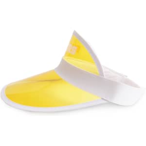A yellow PVC sunscreen hat with a white band, featuring a logo on the side.