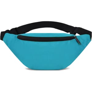 A teal bum bag with a black strap and a zippered front pocket. It has a simple design and features a logo.