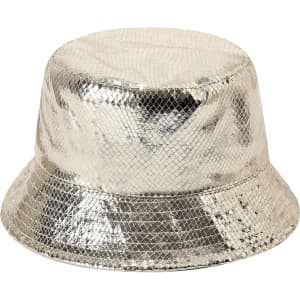 A silver glitter bucket hat with a shiny, textured finish and a wide brim. It features a logo on the inside.
