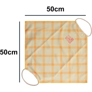 A yellow and orange checkered lunch box bag measuring 50cm by 50cm with handles and a logo.