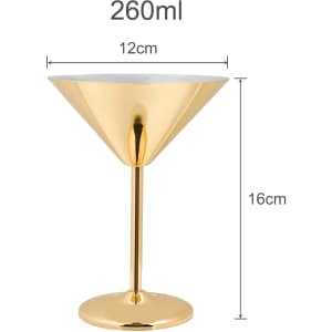 A gold stainless steel martini goblet with a conical shape, featuring a sturdy base and measuring 16cm in height.