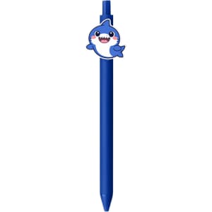 A blue acrylic pen featuring a shark design at the top, with a logo included.