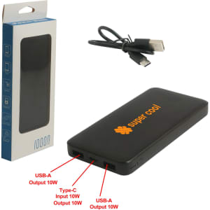 A black power bank with full colour print, featuring USB-A and Type-C ports for charging. Includes packaging and a cable.