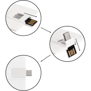A white credit card-style Type-C flash drive with a retractable USB connector. Features branding on the side.