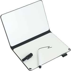 A5 whiteboard notebook with a black cover and black marker, featuring blank white writing surfaces inside.