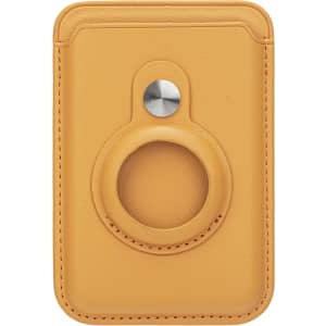A PU magnetic card and Airtag holder in a vibrant yellow colour, featuring a circular magnetic attachment.