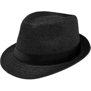 A black straw hat with a narrow brim and a decorative band, featuring a woven texture.