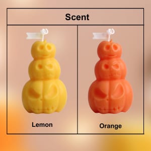 Triple pumpkin shape candles in vibrant yellow and orange, featuring a playful design with skull accents.