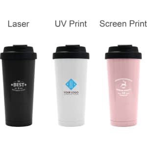 A drink bottle trio featuring a black, white, and pink 400ML stainless steel vacuum tumbler with a logo.