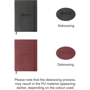 A B5 PU cover notebook available in black and burgundy, featuring debossed branding.