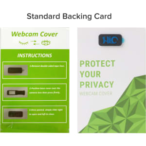 A backing card featuring an upgraded mini webcam cover in black, with instructional graphics and a branding logo.