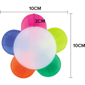 A flower-shaped highlighter with five colours: pink, blue, green, orange, and yellow. It has a branding logo.