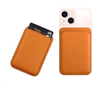 A PU magnetic phone card holder in a tan colour with a credit card inserted, attached to a smartphone.