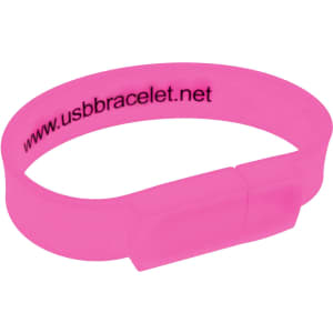 A pink rectangular silicone wristband flash drive featuring a logo.