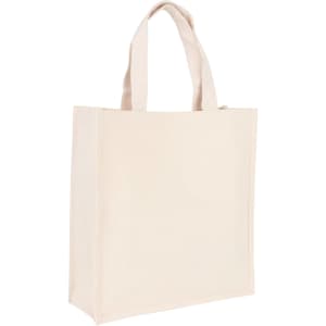 A beige cotton tote bag with two handles and a plain design. It has a logo on one side.