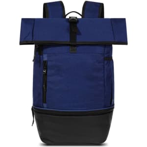 A blue and black roll top backpack featuring adjustable straps and a front zip pocket, with a logo present.