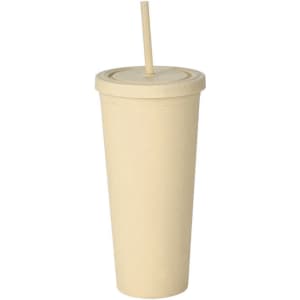 A drink bottle featuring a matte finish, pale yellow colour, with a lid and a straw. It has a logo.