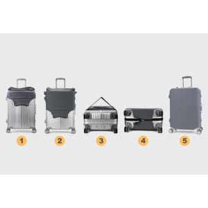 Five suitcase covers in various styles and shades of grey, designed to fit different suitcase sizes and shapes.