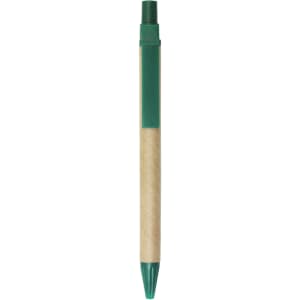 A green-tipped pen with a kraft paper barrel, featuring a branding logo on the side.