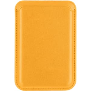 A PU magnetic phone card holder in bright yellow with a smooth finish and a logo on the front.