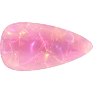A teardrop-shaped alligator hair clip in iridescent pink, featuring a glossy, textured surface and a branding logo.