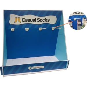A display stand featuring a blue background with hooks for showcasing custom socks, includes a branded logo.