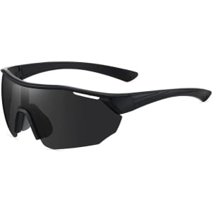 Sports cycling sunglasses in black with a sleek design and a single dark lens. Features a logo on the frame.