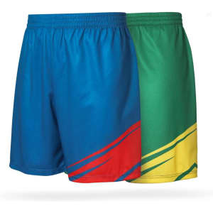 Unisex adults' soccer shorts in blue and green, featuring vibrant red and yellow designs, with a logo.