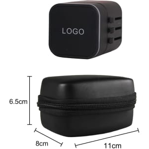 A black travel adapter with multiple prongs and a matching black storage case, featuring a logo.