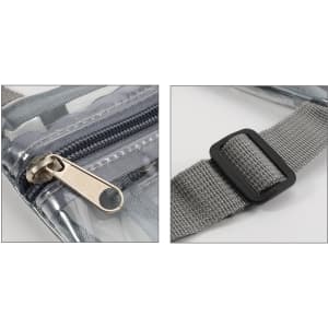 A clear PVC crossbody bag with a silver zipper and adjustable grey strap, featuring an inner pouch.
