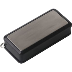 A 360-degree rotating flash drive in a sleek black and silver design with a metallic finish and a keyring loop.