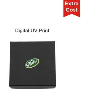 A black box featuring a logo on the front, designed for custom digital UV printing.
