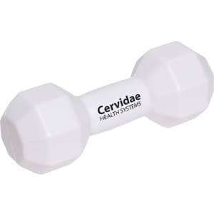 A white dumbbell-shaped stress reliever with rounded ends and a logo in the centre.