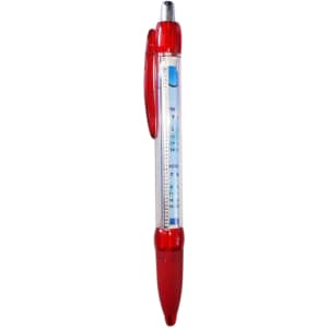 A red plastic pen with a transparent barrel, featuring a clip and a logo on the side.