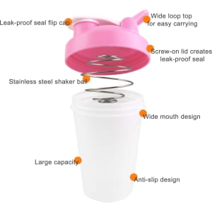 A drink bottle in pink and white with stainless steel shaker ball and leak-proof flip cap, featuring a wide mouth and anti-slip design.