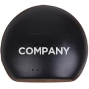 A black charging case for luxury round true wireless earbuds with a logo on the front.