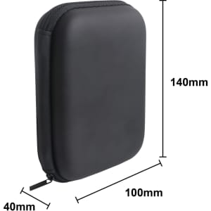 A small black zipper case with dimensions of 140mm x 100mm x 40mm and a visible zip closure.
