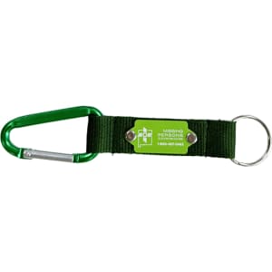 A green carabiner keyring attached to a green strap with a metallic ring and a branding label.