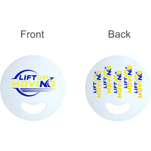 A custom shape PP fan in white with a logo on both sides, featuring blue and yellow text.