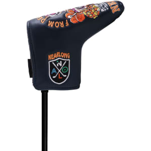 A navy custom blade putter cover with vibrant embroidered designs and a logo on the side.