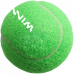 A green tennis ball with a fuzzy texture and grey stripes, featuring a logo.