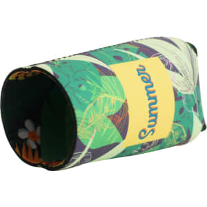 A green and patterned reversible foldable stubby holder with a logo. Features vibrant tropical designs.
