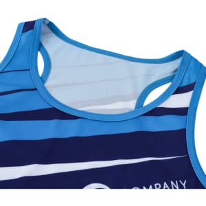 A blue and navy striped sports singlet featuring a round neckline and a logo on the front.