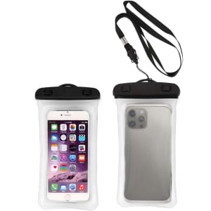 A waterproof case for mobile phones with a black top and a clear body, featuring a detachable strap.