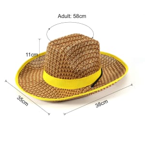 A Western straw hat featuring a brown woven design and a bright yellow brim with a black adjustment strap.