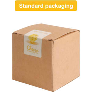 A cardboard box containing square cheese shape candles, featuring a label and a simple design.