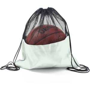 A drawstring mesh backpack in white with a black top, holding a basketball inside. It has a logo.